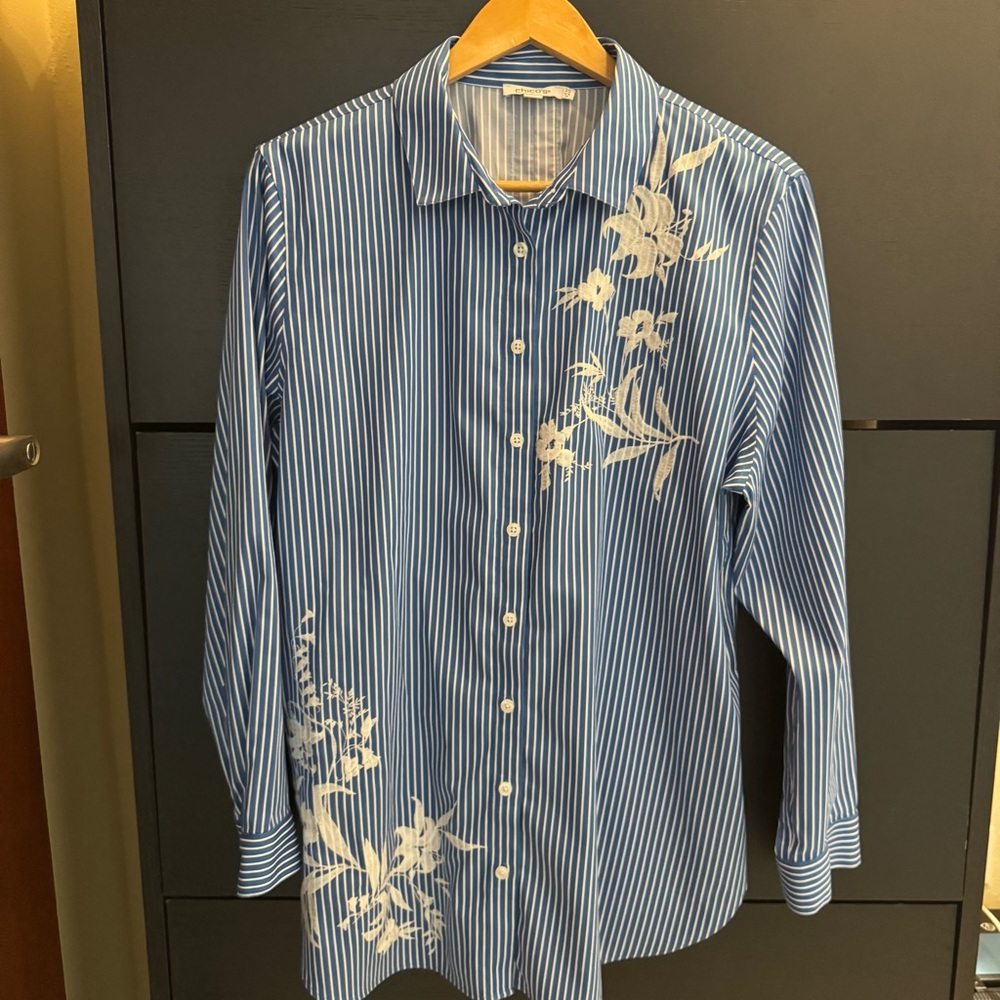 Chico's Blue & White Striped Button-Down with White Floral Embroidery